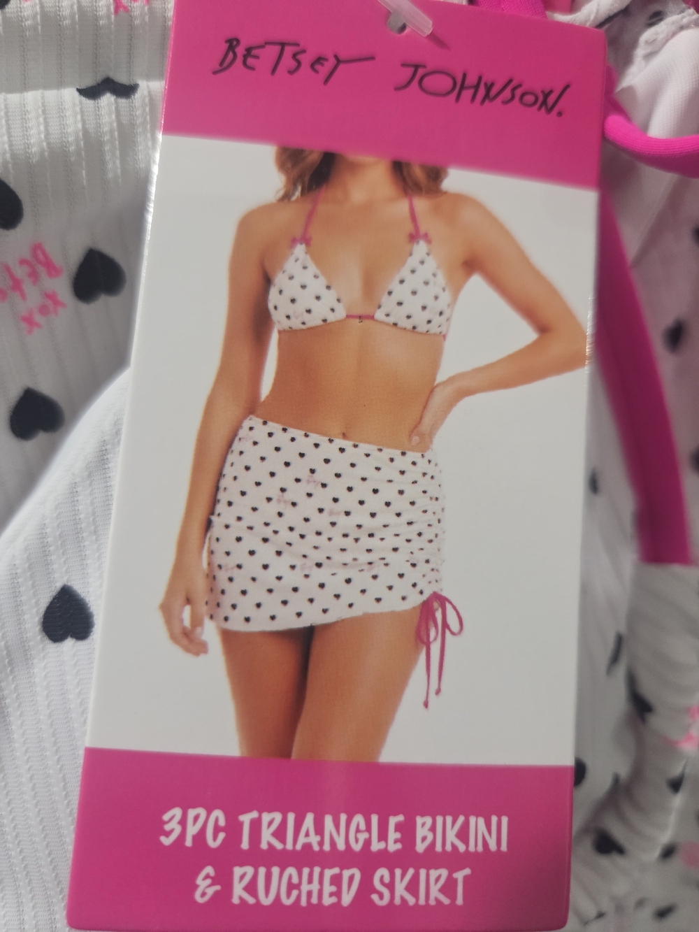 Betsey Johnson White Triangle Bikini Set with Black Hearts
